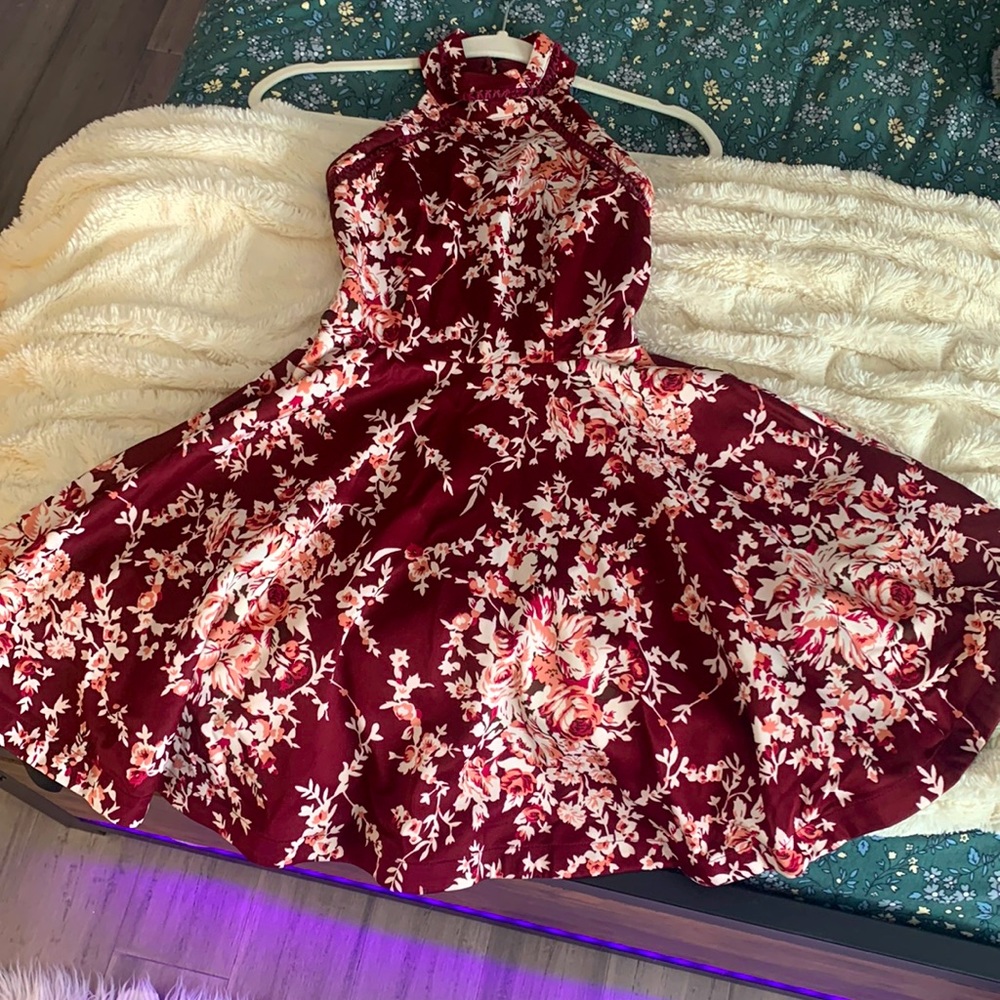 Beautiful Floral Maroon Halter Dress